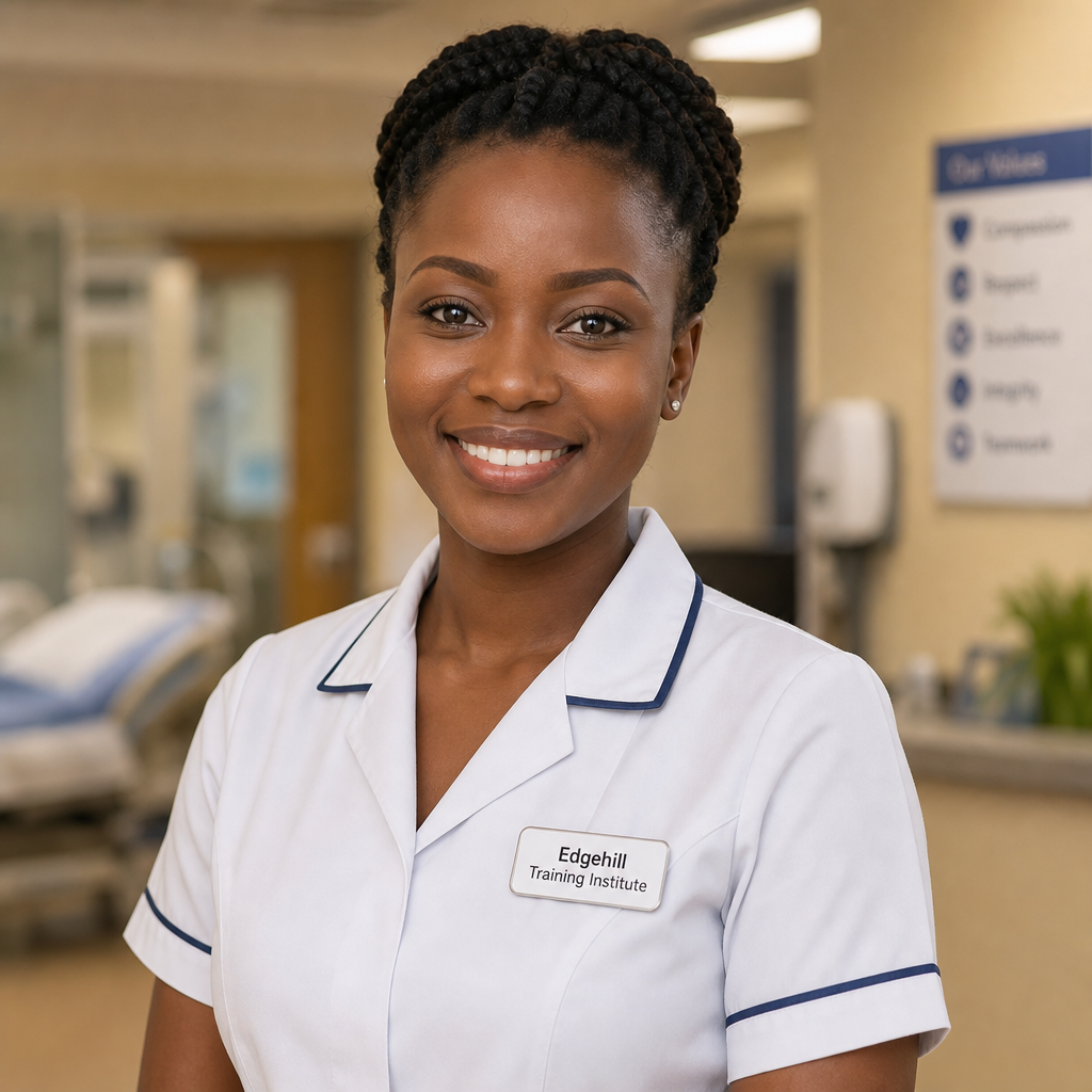 Professional African healthcare worker in white uniform with Edgehill Training Institute badge